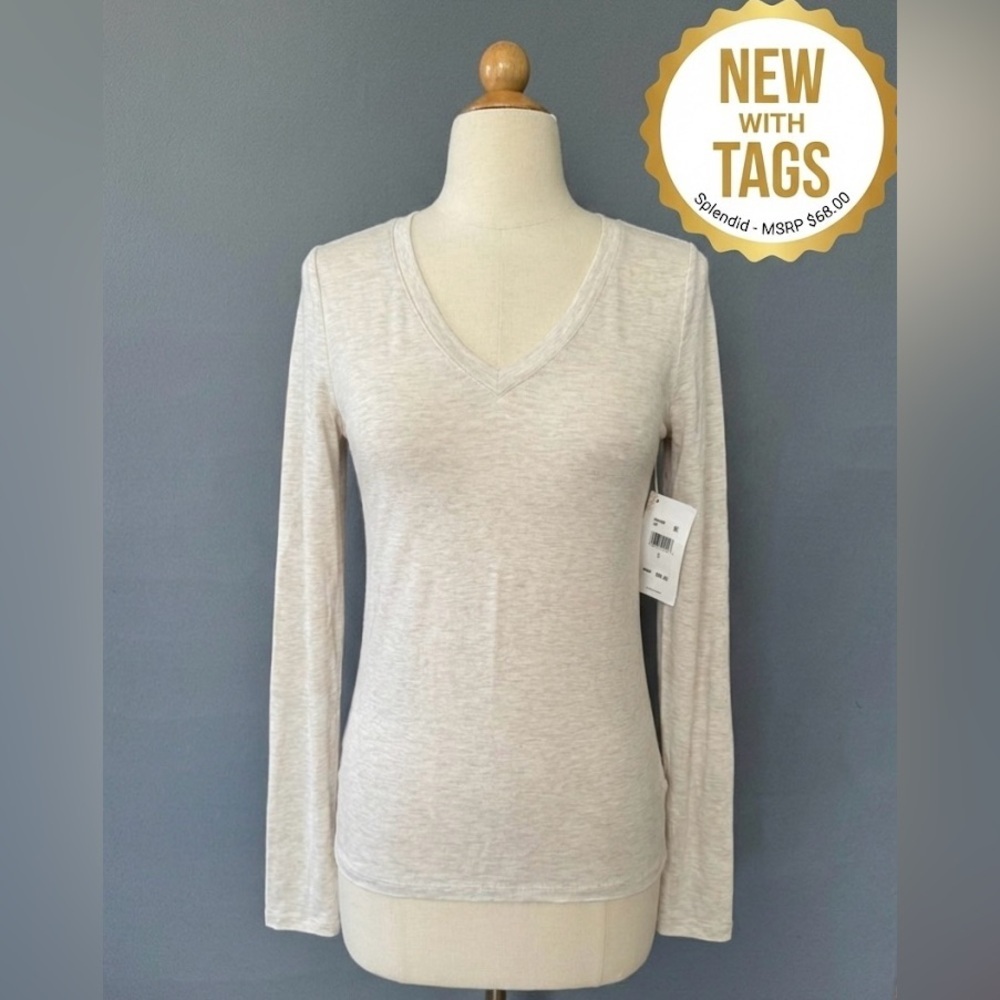 Splendid Long Sleeve V-Neck Top Bamboo Blend Soft Heather Beige Women’s Small